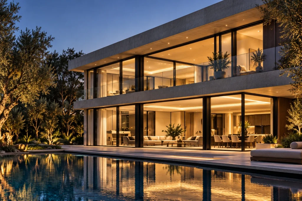 Contemporary villa with a pool at dusk